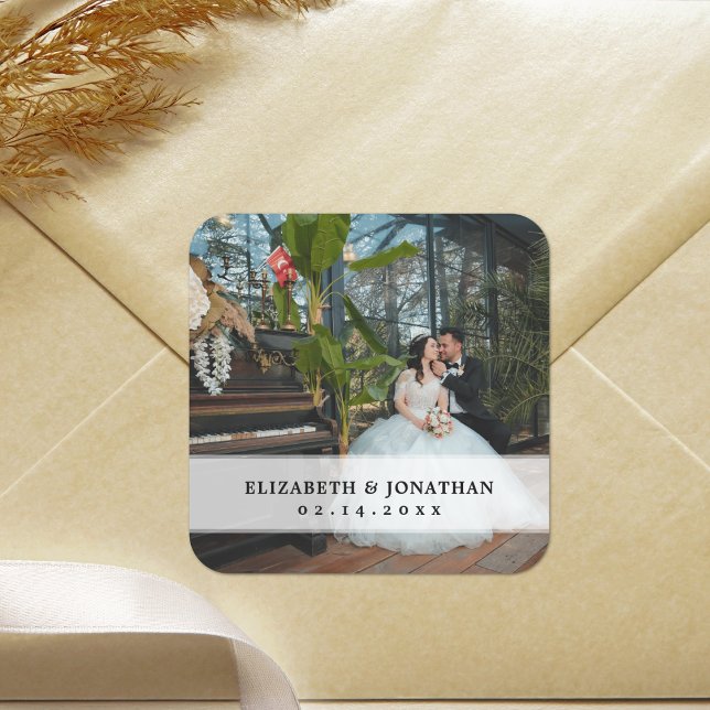 Modern Minimalist Bride and Groom Photo Wedding Square Sticker (Creator Uploaded)