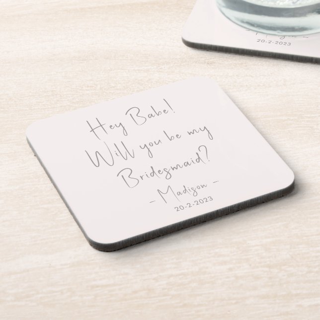Modern Minimalist Bridesmaid Proposal Script Blush Coaster (Left Side)