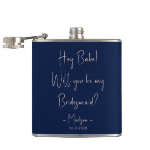 Modern Minimalist Bridesmaid Proposal Script Navy  Hip Flask