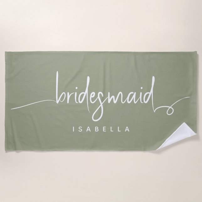 Modern Minimalist Bridesmaid Script Sage Green Beach Towel (Front)