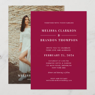 Modern Minimalist Bright Magenta Red Photo Wedding Invitation
