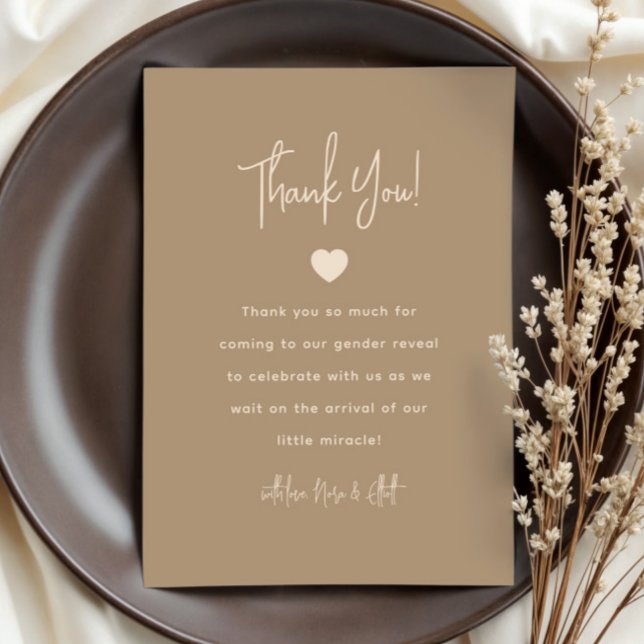 Modern Minimalist Brown Gender Reveal Thank You Card (Creator Uploaded)
