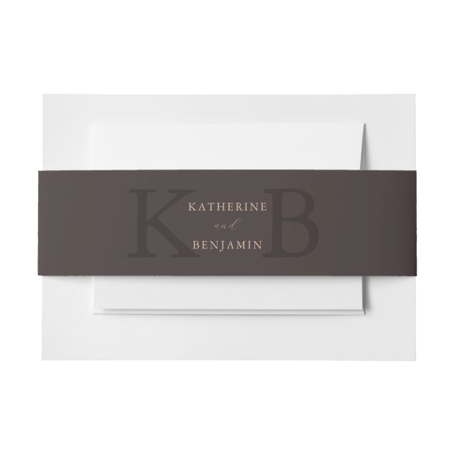 Modern Minimalist Brown Monogram Wedding Invitation Belly Band (Front Example)