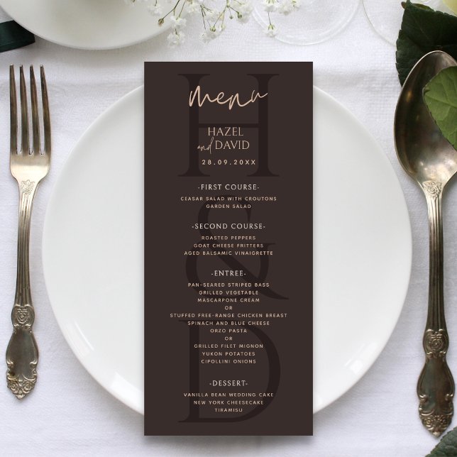 Modern Minimalist Brown Monogram Wedding Menu (Creator Uploaded)