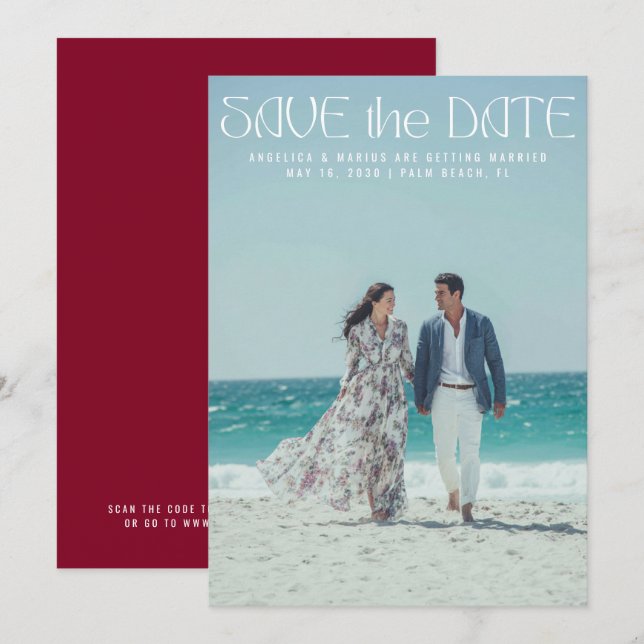 Modern Minimalist Burgundy Custom Photo Wedding Save The Date (Front/Back)