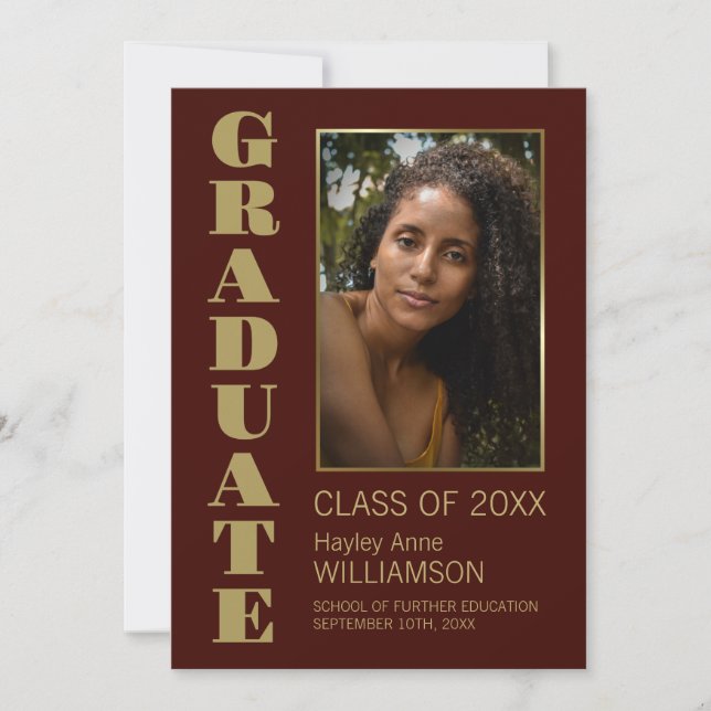 Modern Minimalist Burgundy Gold Photo Graduation Announcement (Front)