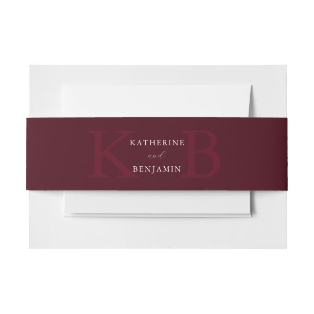 Modern Minimalist Burgundy Monogram Wedding Invitation Belly Band (Front Example)