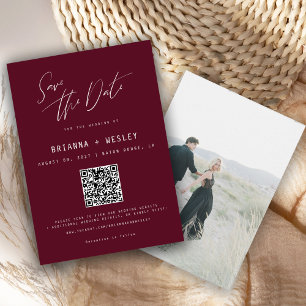 Modern Minimalist Burgundy QR Code Photo Save The Date