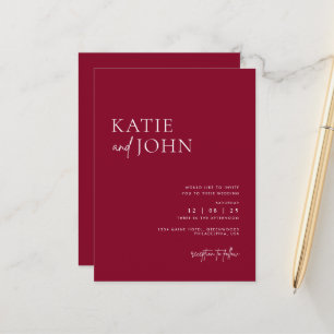 Modern Minimalist Burgundy Red Wedding Announcement Postcard