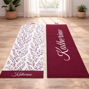 Modern Minimalist Burgundy Red White Floral Script Yoga Mat