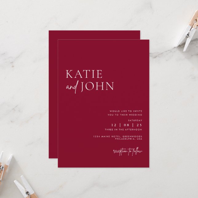 Modern Minimalist Burgundy Wedding Invitation (Front/Back In Situ)