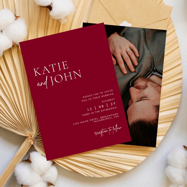 Modern Minimalist Burgundy Wedding Photo Invitation (Creator Uploaded)