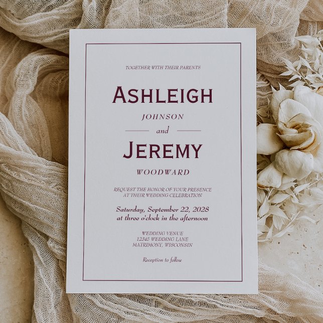 Modern Minimalist Burgundy White Wedding Invitation (Creator Uploaded)