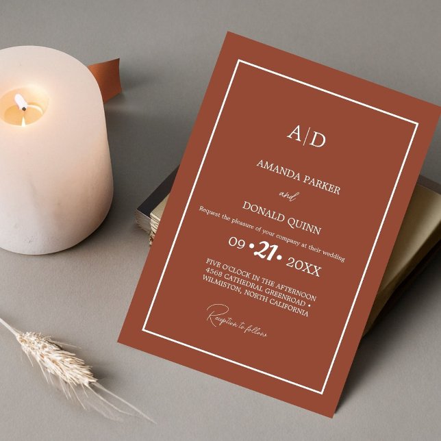 Modern Minimalist Burnt Orange Monogram Wedding Invitation (Creator Uploaded)