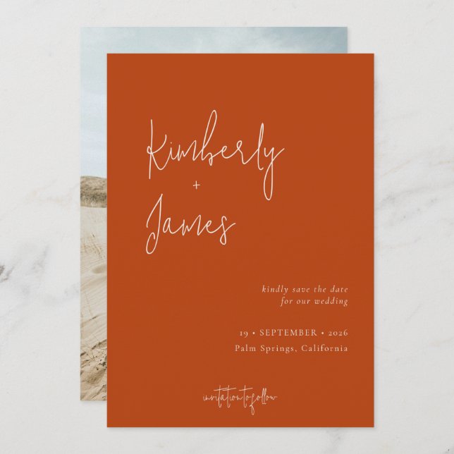 Modern Minimalist Burnt Orange Script Wedding Save The Date (Front/Back)