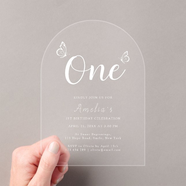 Modern Minimalist Butterflies Script 1st Birthday  Acrylic Invitations (Insitu (Handheld))