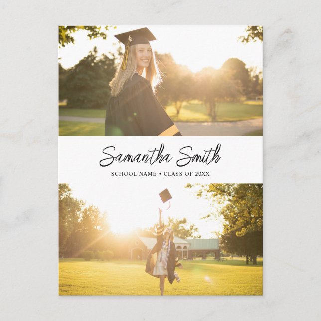Modern Minimalist Calligraphy 2 Photo Graduation Announcement Postcard (Front)