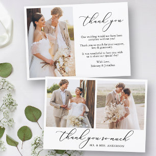 Modern Minimalist Calligraphy 3 Photo Wedding Thank You Card