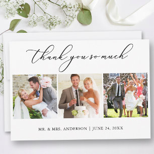 Modern Minimalist Calligraphy 3 Photos Wedding Thank You Card