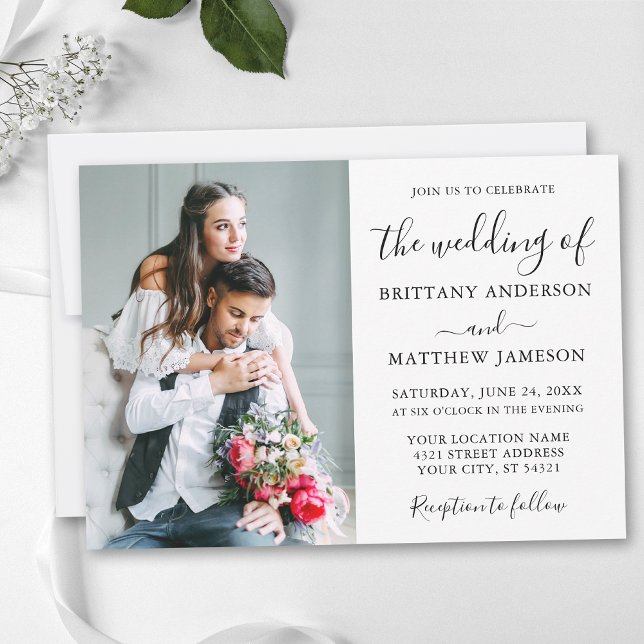 Modern Minimalist Calligraphy Couple Photo Wedding Invitation (Customize to change text size, style or add more text or more photos to back of card.)
