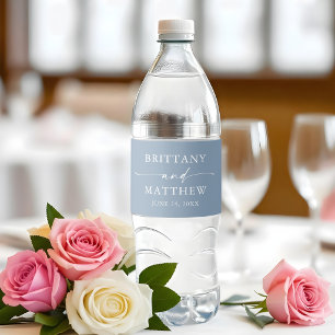 Modern Minimalist Calligraphy Dusty Blue Wedding Water Bottle Label
