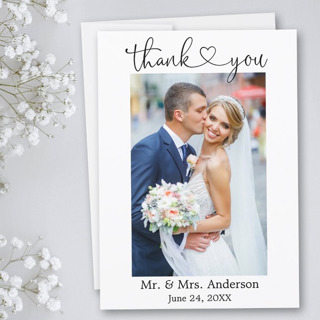 Modern Minimalist Calligraphy Heart Photo Wedding Thank You Card (Customize to change your personalized text size or text style.)