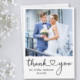 Modern Minimalist Calligraphy Heart Wedding Photo Thank You Card