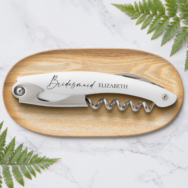 Modern Minimalist Calligraphy Ink Bridesmaid Corkscrew (Customize to change your personalized text size, text style or to add more text.)