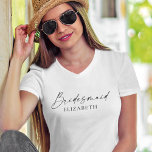 Modern Minimalist Calligraphy Ink Bridesmaid T-Shirt<br><div class="desc">Modern Minimalist yet Elegant Calligraphy Ink Script Bridesmaid Name V-Neck T-Shirt. Black & White</div>