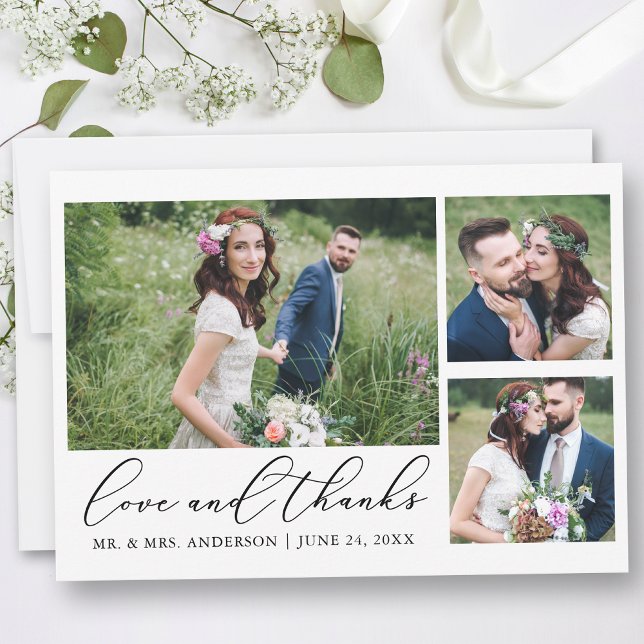 Modern Minimalist Calligraphy Love 3 Photo Wedding Thank You Card (Customize to add text or more photos to back of card.)
