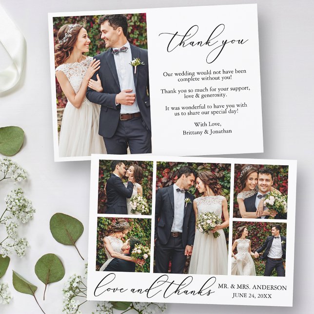 Modern Minimalist Calligraphy Love 6 Photo Wedding Thank You Card (Customize to change your personalized text style, size or color.)