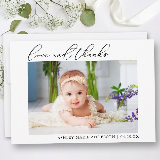 Modern Minimalist Calligraphy Love Thanks New Baby Thank You Card (Customize to change your personalized text size or text style.)
