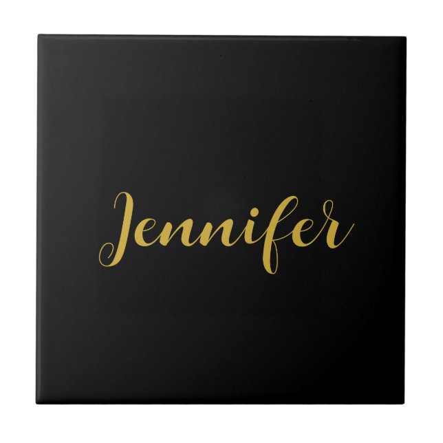 Modern Minimalist Calligraphy Name Black Gold Ceramic Tile (Front)