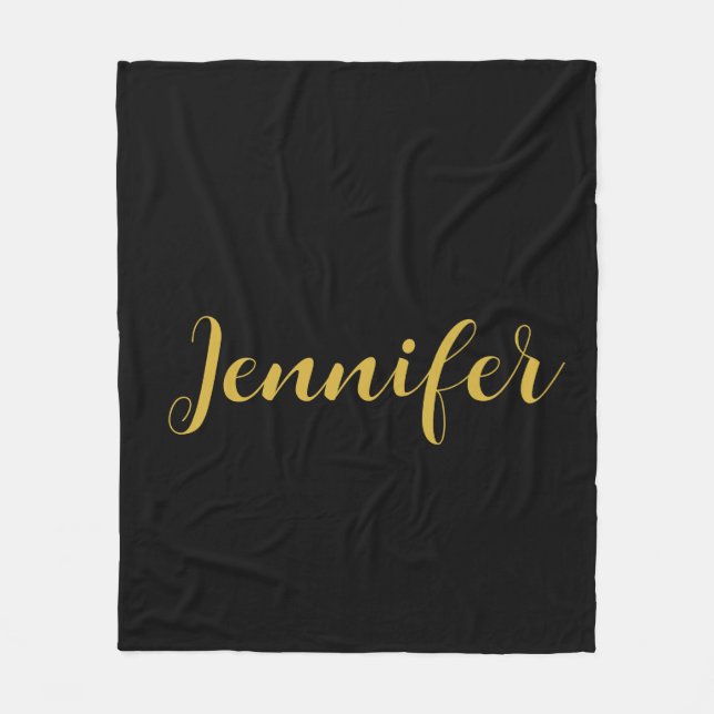 Modern Minimalist Calligraphy Name Black Gold Fleece Blanket (Front)