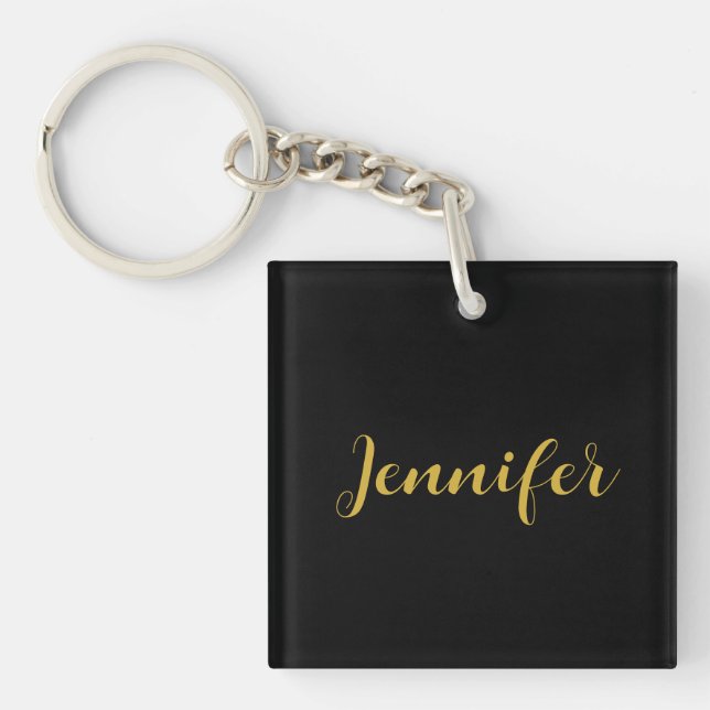 Modern Minimalist Calligraphy Name Black Gold Key Ring (Front)