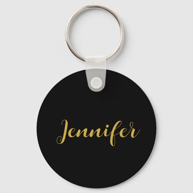 Modern Minimalist Calligraphy Name Black Gold Key Ring (Front)
