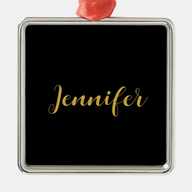 Modern Minimalist Calligraphy Name Black Gold Metal Ornament (Front)