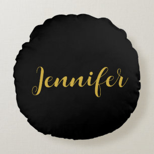 Modern Minimalist Calligraphy Name Black Gold Round Cushion