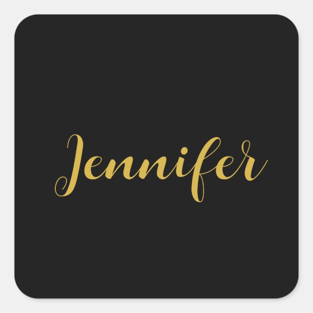 Modern Minimalist Calligraphy Name Black Gold Square Sticker (Front)