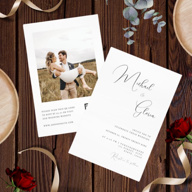 Modern Minimalist Calligraphy QR Code RSVP Wedding Invitation (Creator Uploaded)