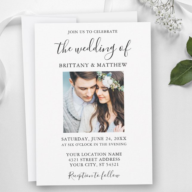 Modern Minimalist Calligraphy Script Photo Wedding Invitation (Customize to change text size or text style.)