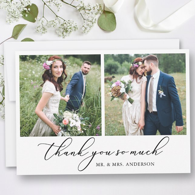 Modern Minimalist Calligraphy Wedding 2 Photos Thank You Card (Customize to add text or more photos to back of card.)