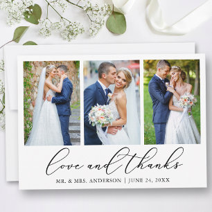 Modern Minimalist Calligraphy Wedding 3 Photo Love Thank You Card