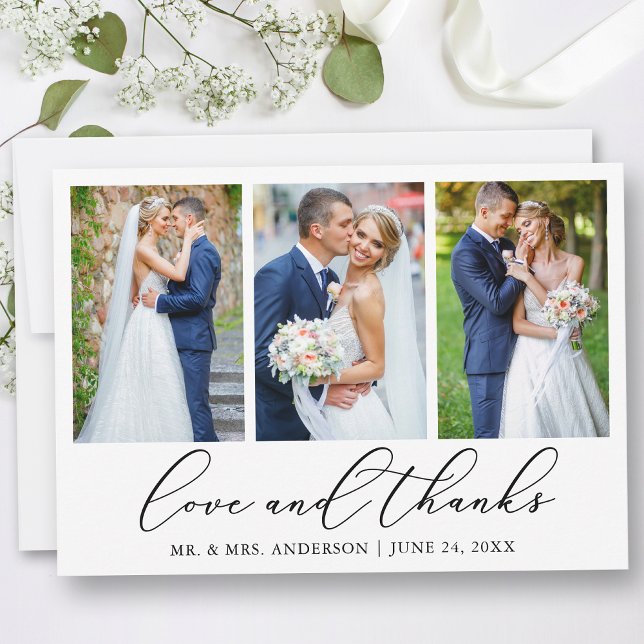 Modern Minimalist Calligraphy Wedding 3 Photo Love Thank You Card (Customize to add text or more photos to back of card.)
