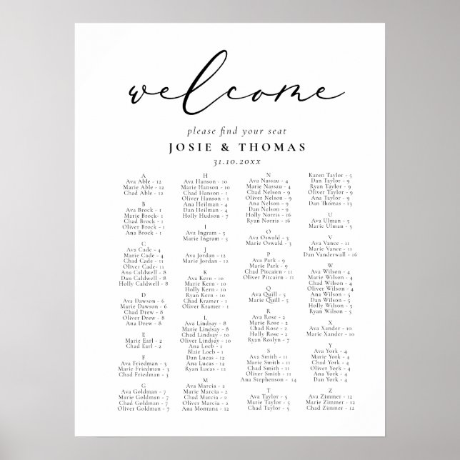 Modern Minimalist Calligraphy Wedding Seating Plan Poster (Front)