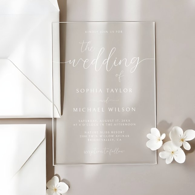 Modern Minimalist Calligraphy White Wedding Acrylic Invitations (Creator Uploaded)