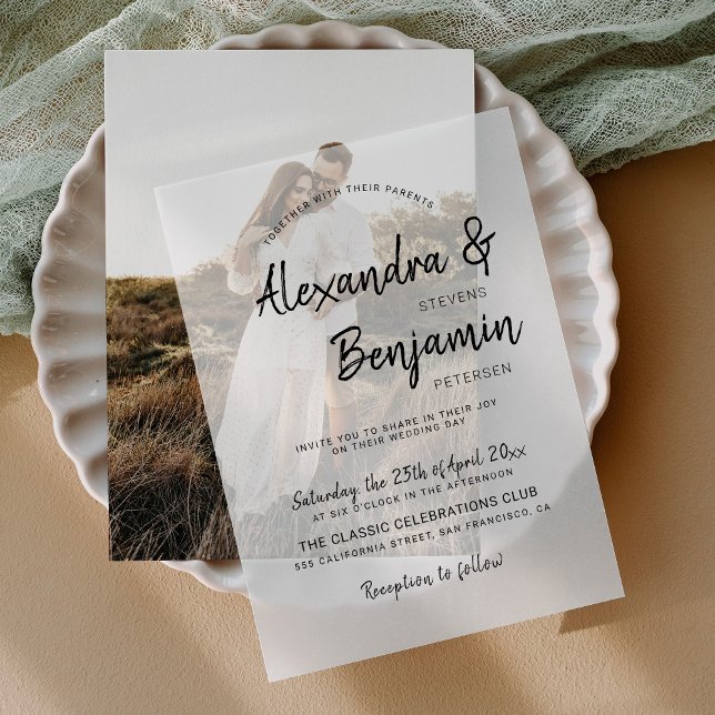 Modern minimalist casual script wedding overlay vellum invitations (Creator Uploaded)