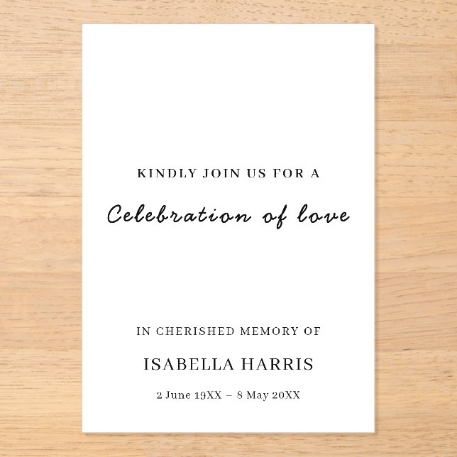 Modern Minimalist Celebration of Life Design Acrylic Invitations (Front)