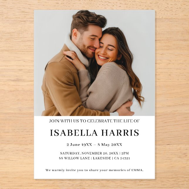 Modern Minimalist Celebration of Life Design Acrylic Invitations (Front)