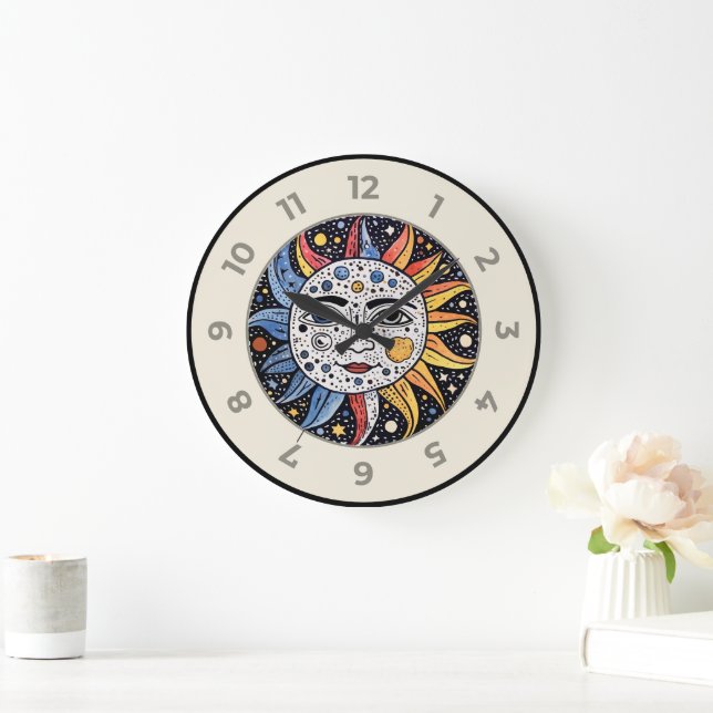 Modern Minimalist Celestial Sun Moon Monogram Large Clock (Home)